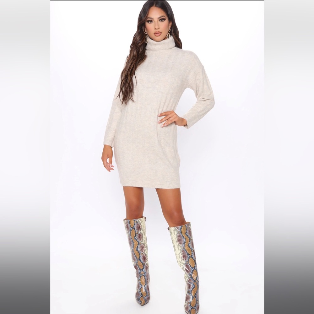 Beige turtleneck sweater dress